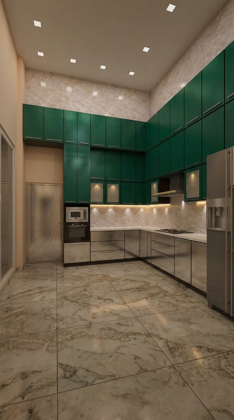 Emerald green premium modular kitchen with tall storage and marble flooring