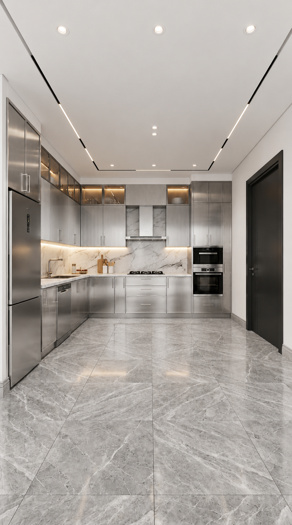 Polished stainless steel modular kitchen with glass cabinets and marble floor