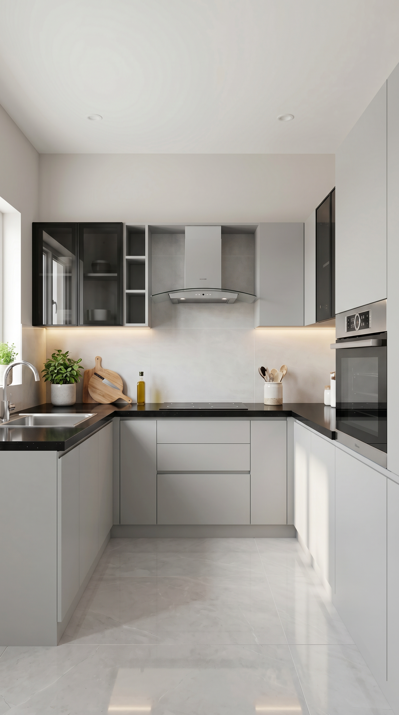 Bright modern modular kitchen with black counters and soft daylight