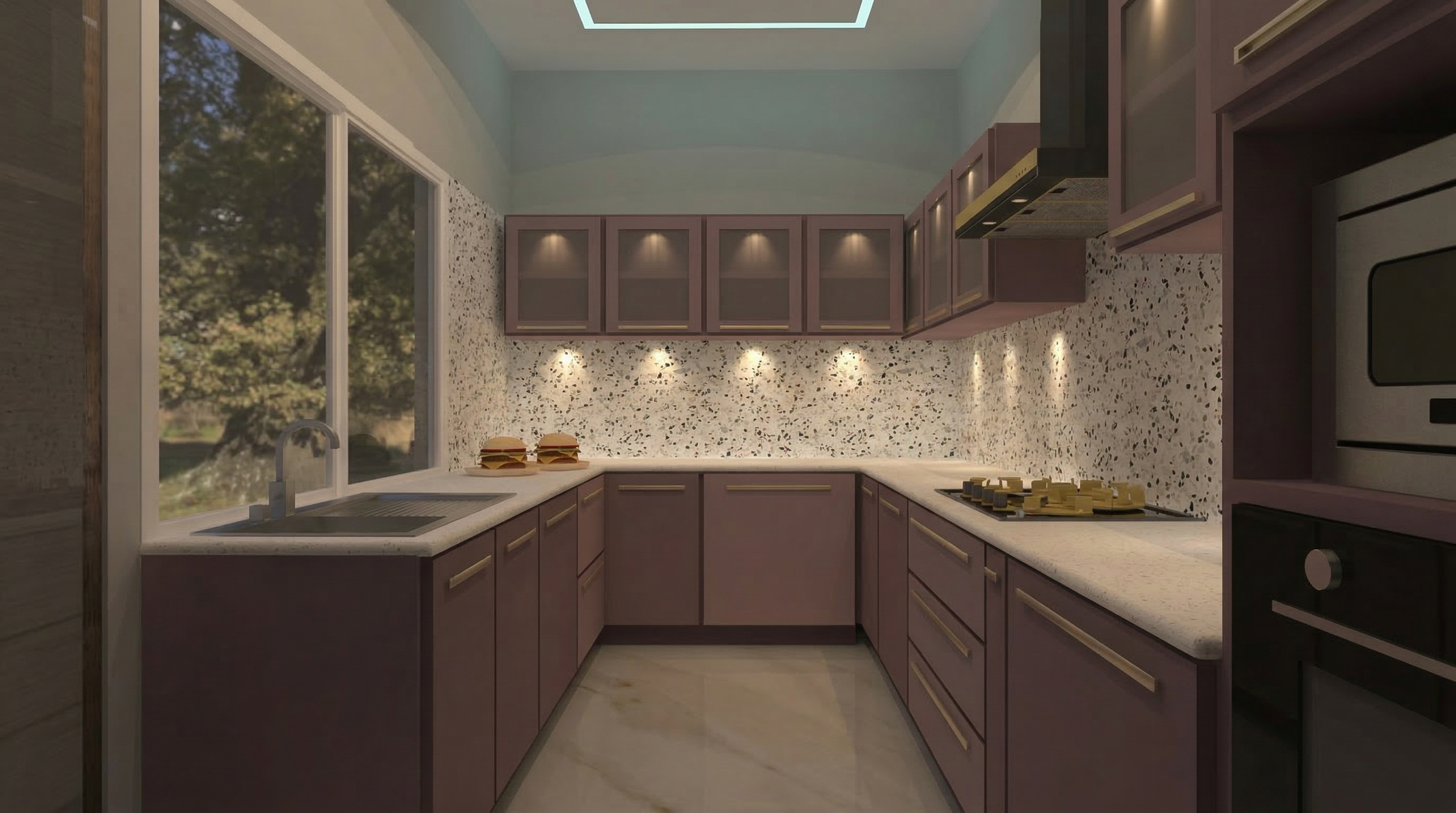 Rose toned modular kitchen with terrazzo backsplash and warm cabinet lighting