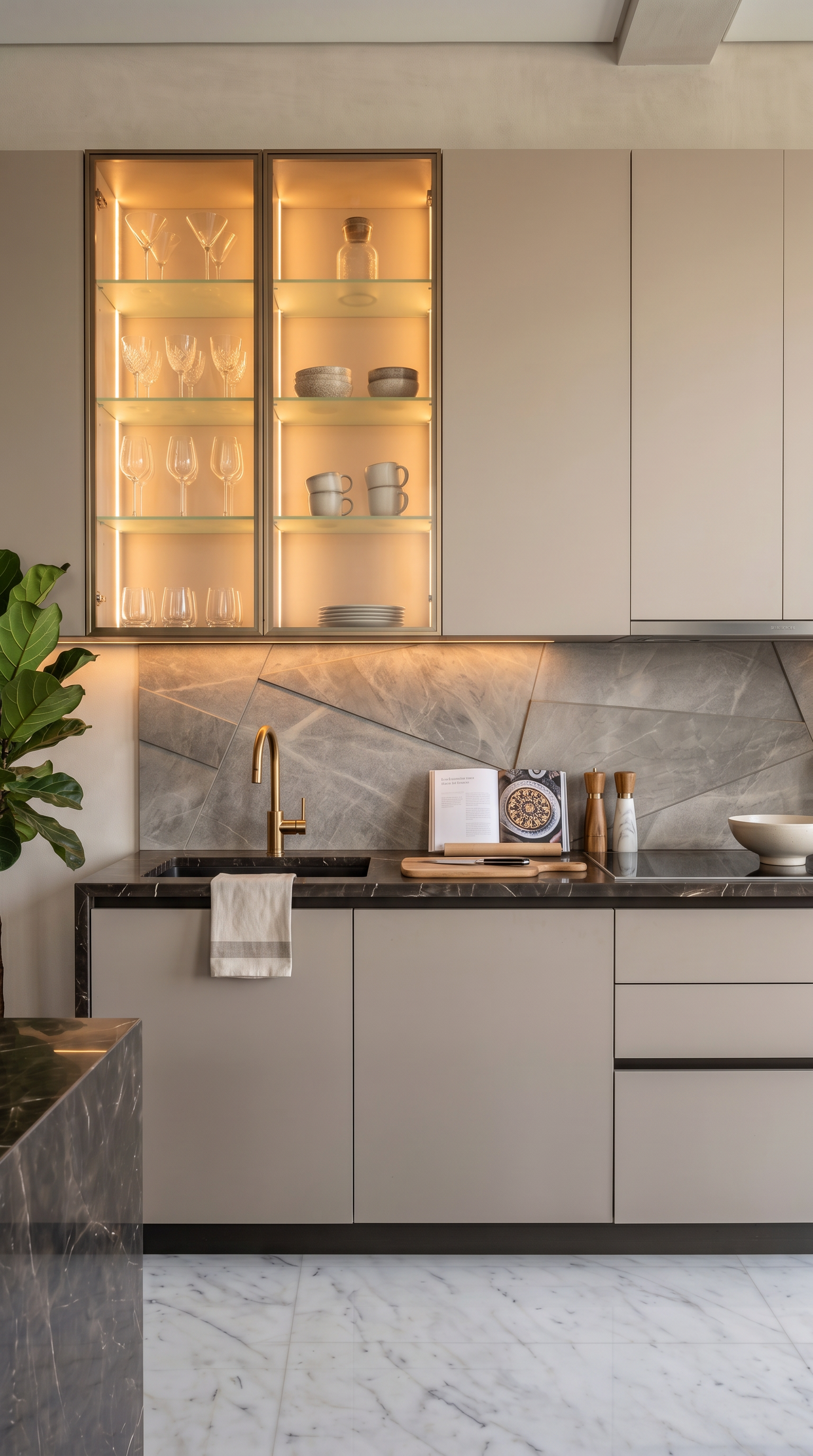 Close premium modular kitchen storage detail with warm integrated lighting