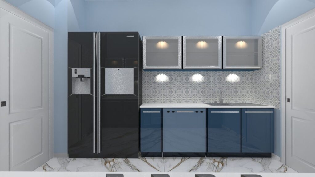 Linear Shaped Kitchen-Straight kitchen interior design-Blue Color Kitchen-Stainless steel modular kitchen- Asia Fineline-Types of Stainless Steel Modular Kitchen Design