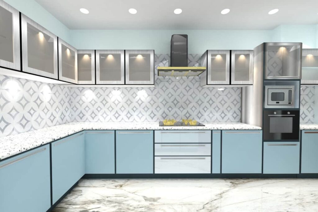 L shaped kitchen-Colored Stainless steel modular kitchen-Stainless steel modular kitchen manufacturer-Sky Blue color modular kitchen-Asia Fineline