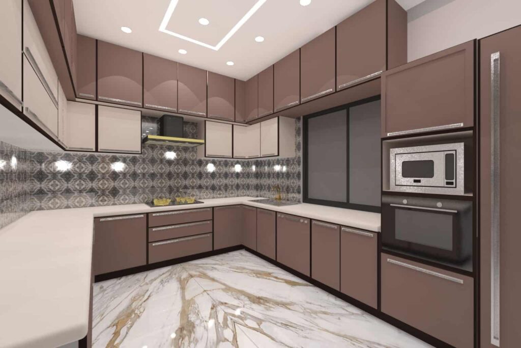 Modern U Shaped Kitchen-U shaped kitchen interior design-Brown Color Kitchen-Stainless steel modular kitchen- Asia Fineline