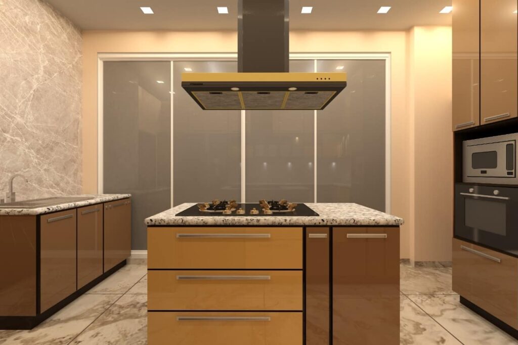 Island kitchen design-Brown color kitchen-Stainless Steel modular kitchen-Asia Fineline