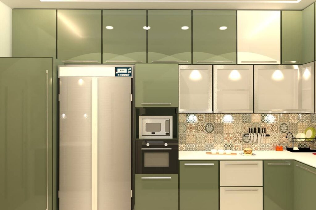 Modern L Shaped Kitchen-L shaped kitchen interior design-Grey Colored stainless steel Kitchen-Stainless steel modular kitchen- Asia Fineline