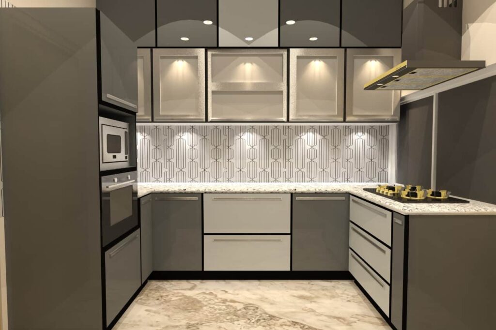 Modular Kitchen Manufacturer-Modern U Shaped Kitchen-U shaped kitchen interior design-Grey Color Kitchen-Stainless steel modular kitchen- Asia Fineline