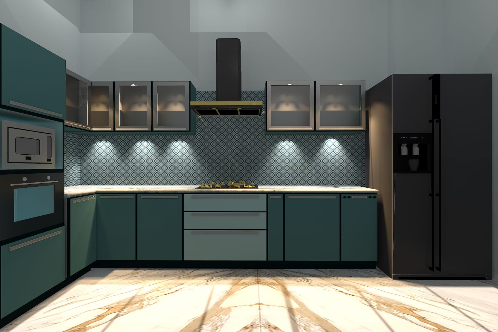 L shaped modular kitchen-Colored Stainless Steel Modular kitchen-Modern L shaped stainless steel kitchen