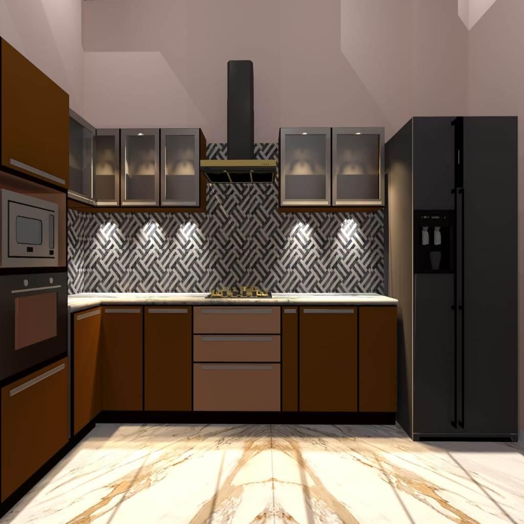 Modern L Shaped Kitchen-L shaped kitchen interior design-Brown Color Kitchen-Stainless steel modular kitchen- Asia Fineline-Types of Stainless Steel Modular Kitchen Design